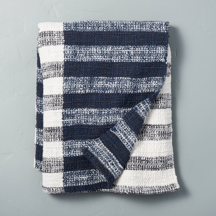 Contrast Edge Stripe Throw Blanket Sour Cream/Blue - Hearth & Hand™ with Magnolia | Target