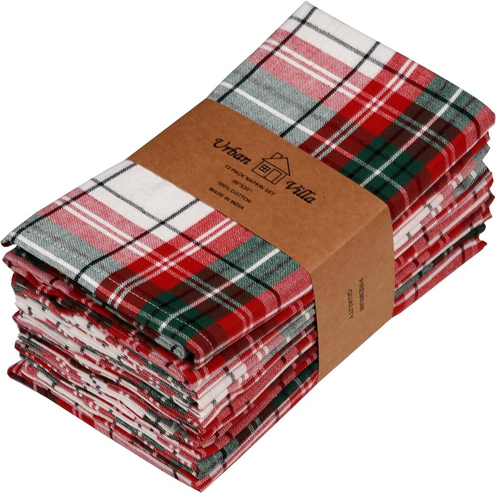 Urban Villa Christmas Dinner Napkins Christmas Checks Cloth Napkins Set of 12 Checks 100% Cotton ... | Amazon (US)