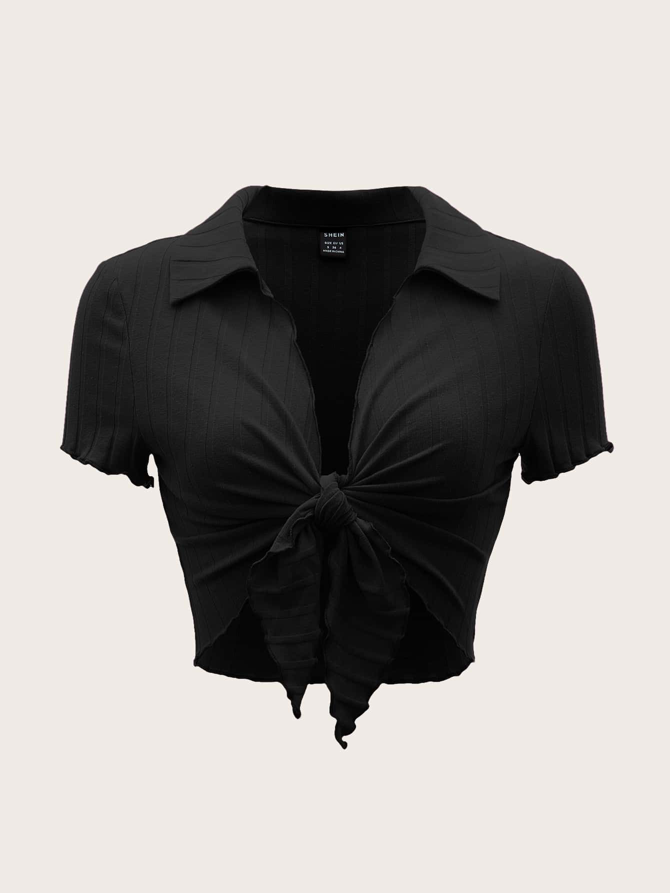SHEIN EZwear Top Corto Nero A Costine Con Bordo A Lattuga E Nodo Anteriore, Adatto Per Uscite Estive | SHEIN