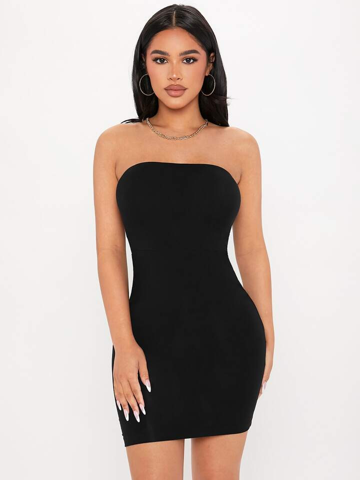 SHEIN PETITE Solid Bodycon Tube Black Dress | SHEIN