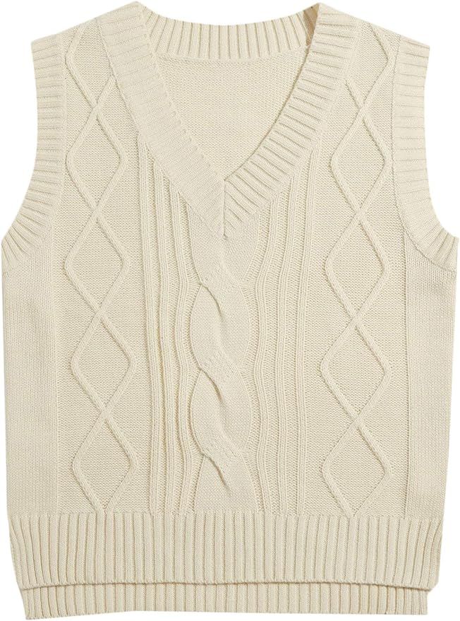 MakeMeChic Women's Preppy V Neck High Low Cable Knit Sweater Vest Sleeveless Top | Amazon (US)