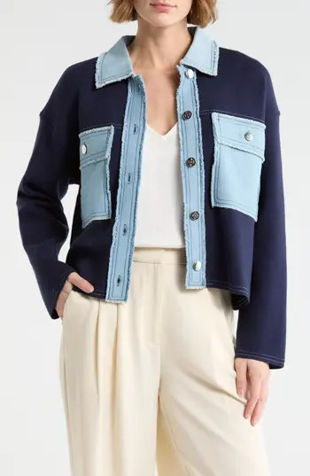 Nanette Lepore Denim Trim Button Front Cardigan in Nanette Navy/Ligh Denim at Nordstrom Rack, Size Medium | Nordstrom Rack