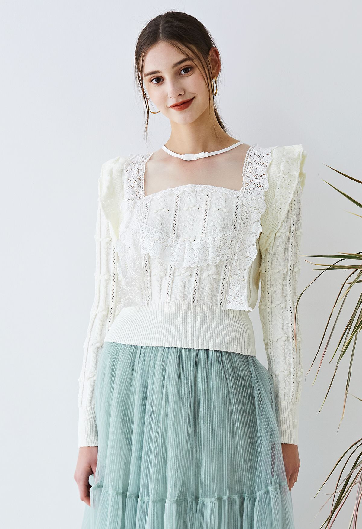 Glamorous Mesh Spliced Knit Top in Cream | Chicwish