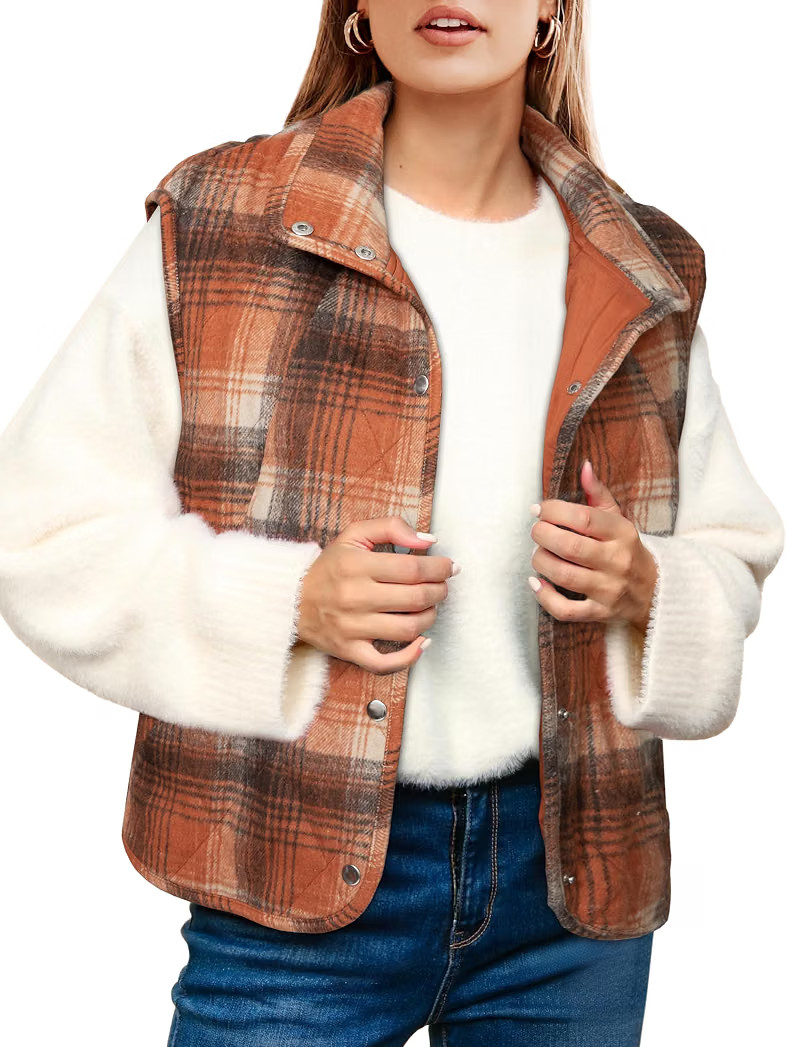 Glamaker Womens Plaid Puffer Vest Quilted Sleeveless Stand Collar Button Down Lightweight Winter ... | Amazon (US)