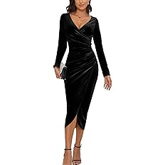 CYiNu Women's V Neck Wrap Velvet Long Sleeve Elegant Bodycon Ruched Cocktail Party Maxi Dress | Amazon (US)