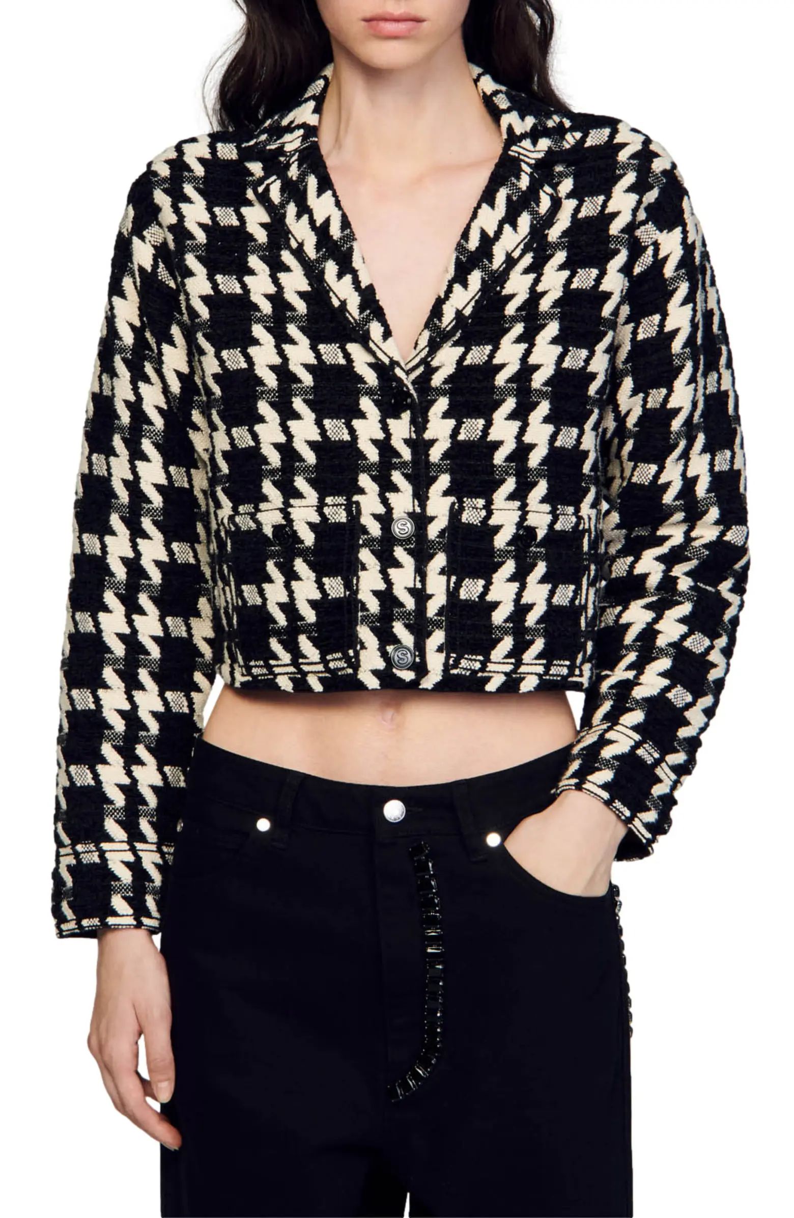 sandro Bree Houndstooth Jacquard Crop Blazer | Nordstrom | Nordstrom