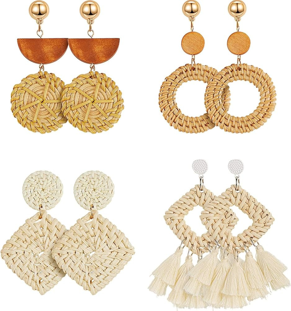 meekoo 4 Pairs Rattan Earrings for Women Beach Essentials Tassel Dangle Boho Straw Earrings | Amazon (US)