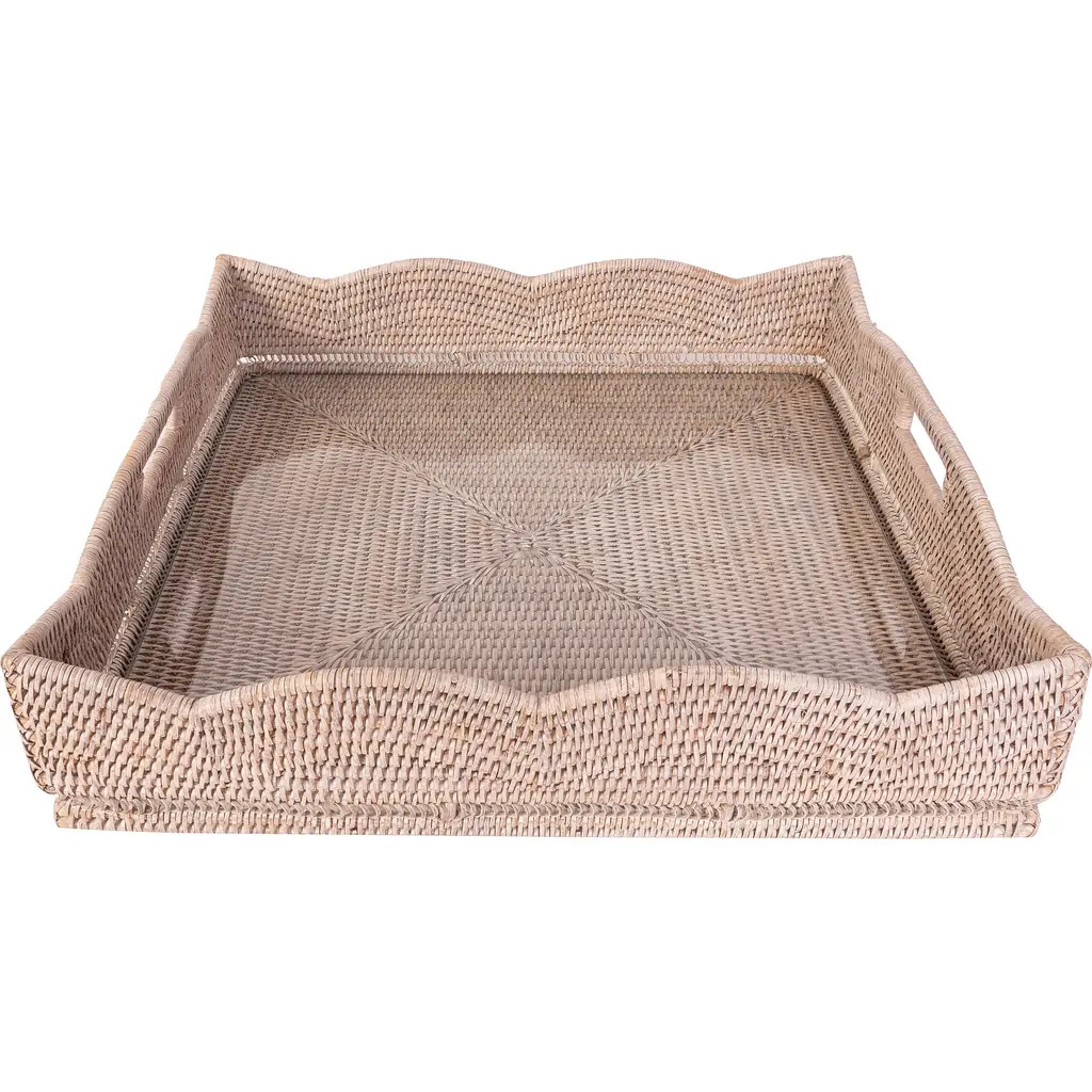 Artifacts Trading Company™ Artifacts Rattan Scallop Square Tray With Glass Insert in White Wash at Nordstrom | Nordstrom