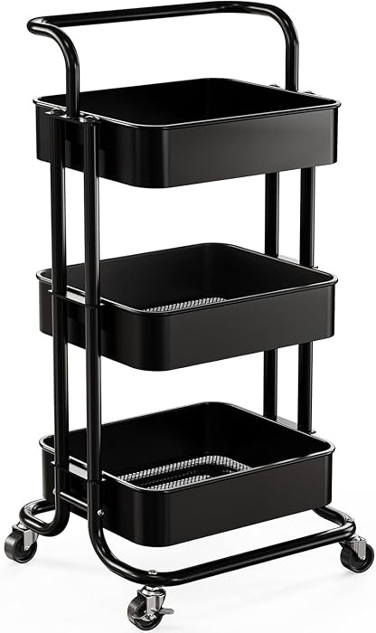 Pipishell Metal 3 Tier Rolling Cart with Handle & 2 Lockable Wheels, Black | Amazon (US)