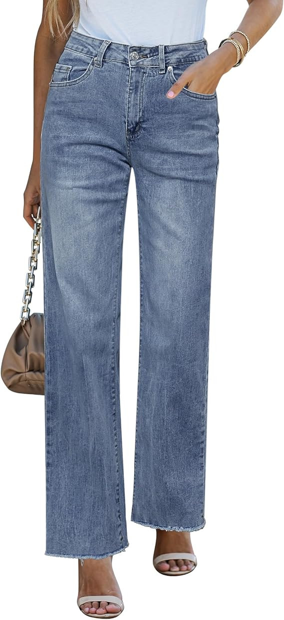 GRAPENT Straight Leg Jeans for Women High Waisted Stretchy Frayed Raw Hem Loose Denim Pants Casua... | Amazon (US)