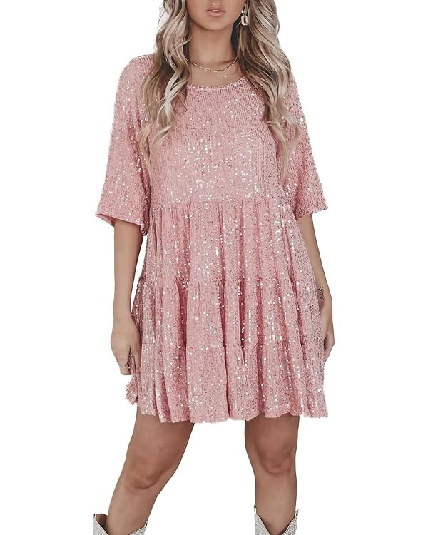 Sparkly Glitter Dress, Sequin Babydoll Summer Dress Short Flowy Tiered Tunic Dress for Women Part... | Amazon (US)