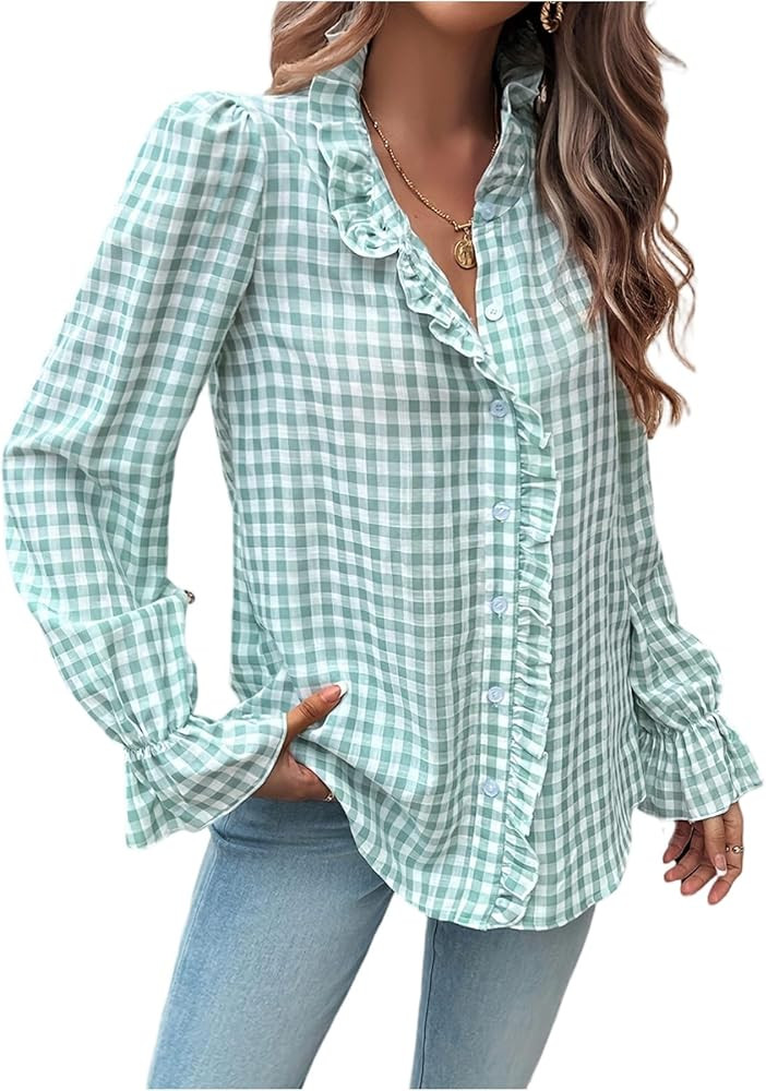 Womens Plaid Ruffle V Neck Button Down Blouse Casual Long Sleeve Fall Vintage Tops Business Work ... | Amazon (US)
