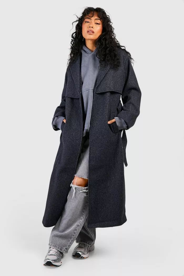Pinstripe Belted Wool Trench Coat | boohoo (US & Canada)