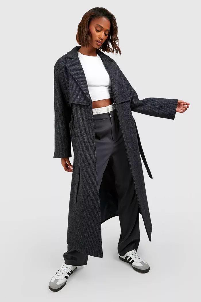 Pinstripe Belted Wool Trench Coat | boohoo (US & Canada)