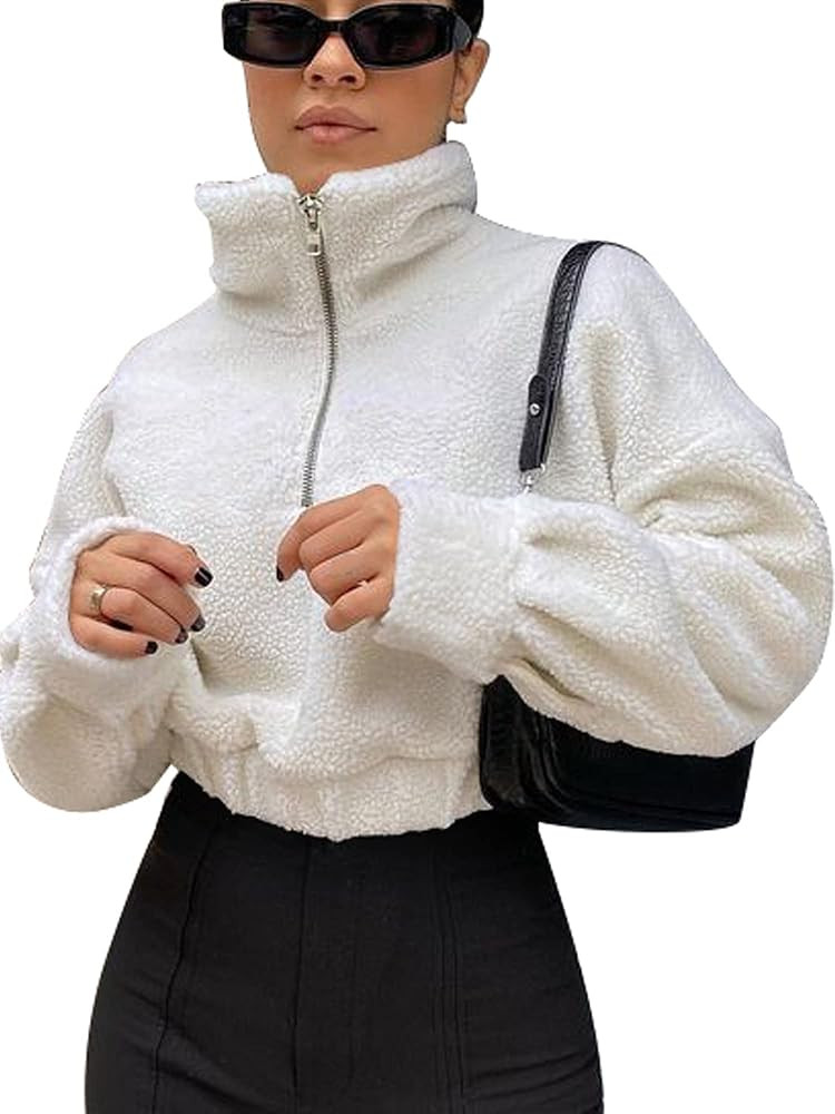 ZAFUL Women's Faux Fur Pullover Half Zip Long Sleeve Crop Sweatshirt Tops | Amazon (US)