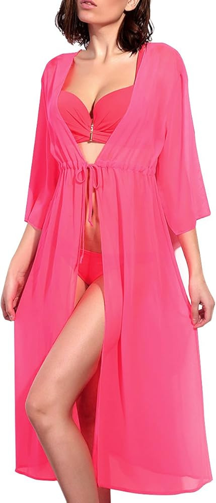 Women's Chiffon Long Swimsuit Cover Up Beach Swimwear Bikini Coverups Cardigan | Amazon (US)