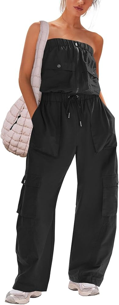 Panadila Women Wide Leg Jumpsuits Cargo Strapless Romper Casual One Piece Outfits Loose Fit Overa... | Amazon (US)
