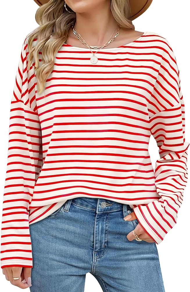 OFEEFAN Womens Long Sleeve Tops 2024 Striped Shirt Women Drop Shoulder Boat Neck Tops Loose Fit C... | Amazon (US)