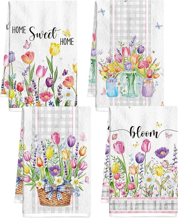 Spring Floral Kitchen Towels Set of 4, Farmhouse Lavender Tulip Flower Hand Towels Dish Cloth for... | Amazon (US)