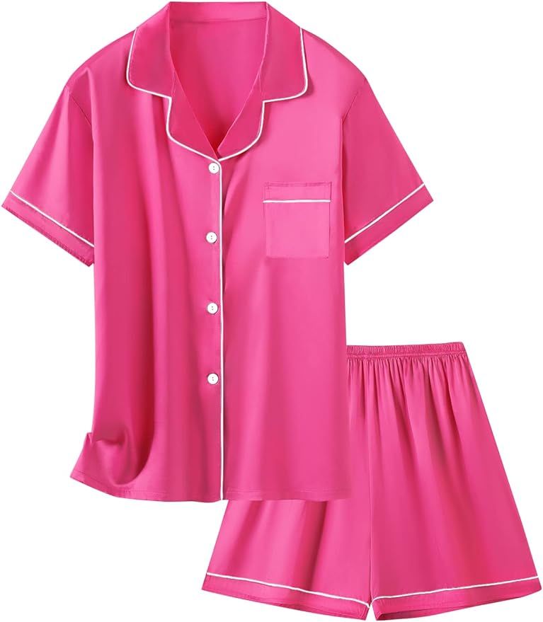 Schbbbta Girls & Women Satin Pajamas Set, 2Pj Silk Nightwear Button-Down Sleepwear for Teen Kid, ... | Amazon (US)