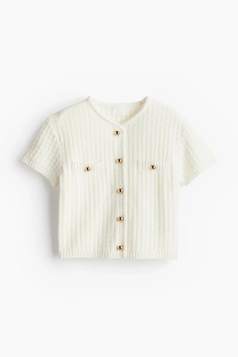 Structured-knit cardigan - Round neck - Short sleeve - Cream - Ladies | H&M GB | H&M (UK, MY, IN, SG, PH, TW, HK)