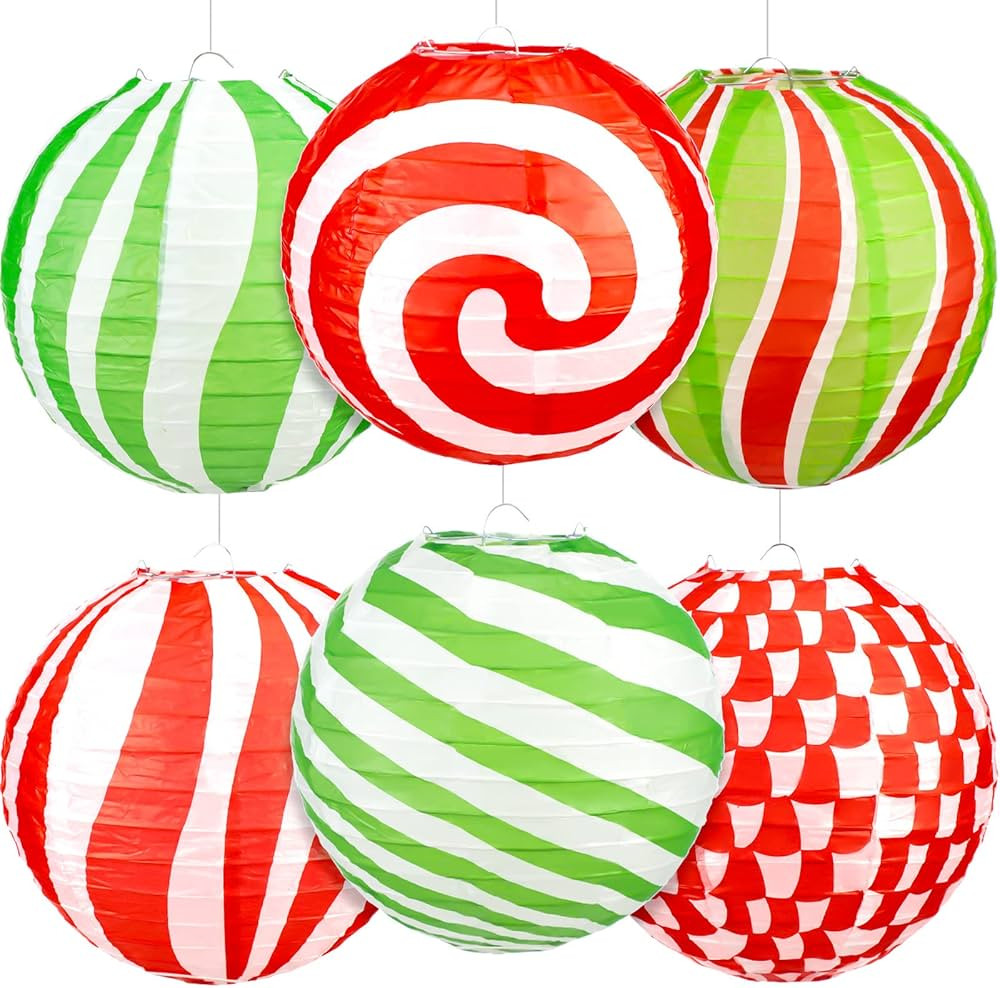 6 Pcs Candy Canes Peppermint Party Hanging Paper Lanterns Decor for Christmas Colorful Round Loll... | Amazon (US)