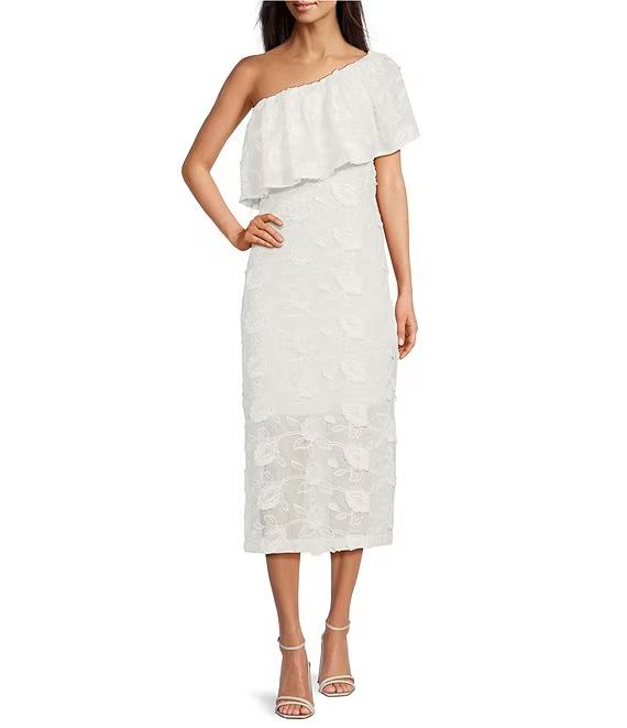 Sutton Lace 3D Floral Ruffle One Shoulder Midi Sheath Dress | Dillard's