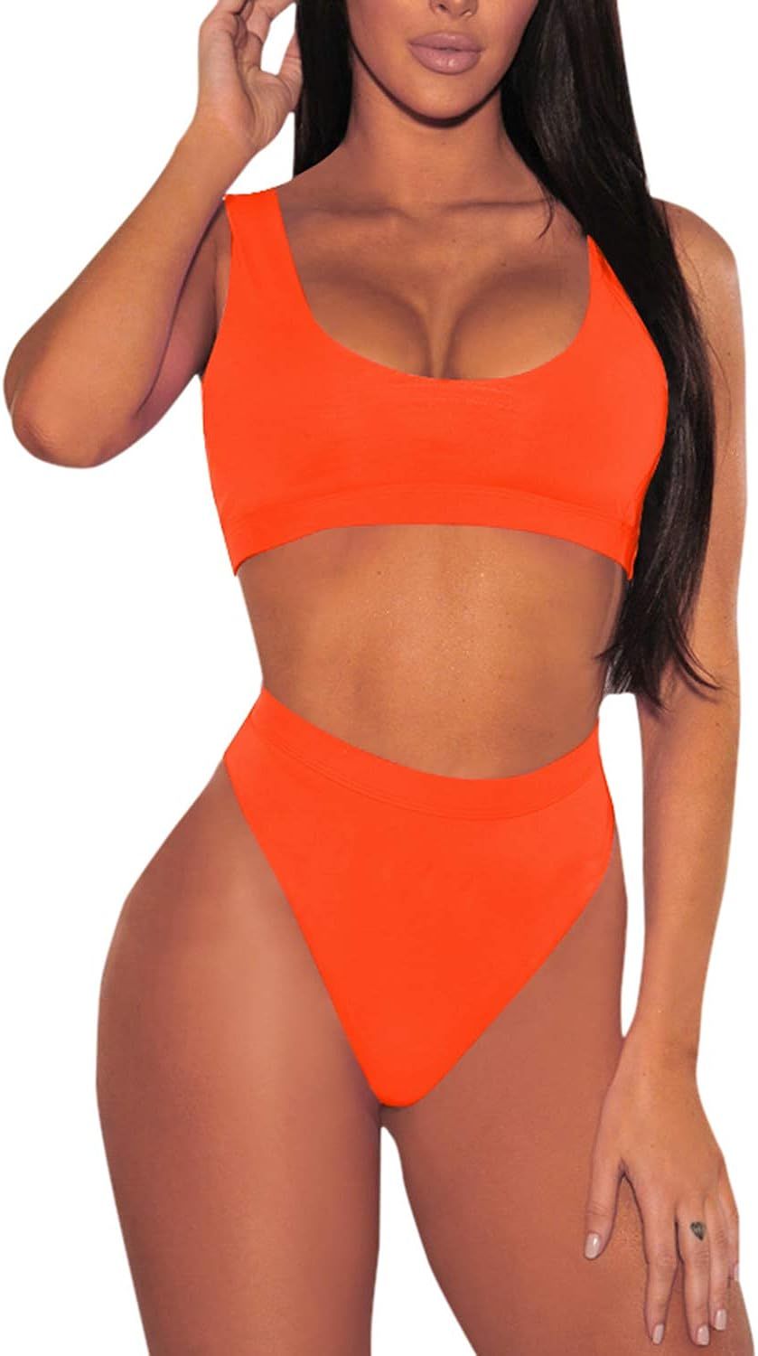 Cutiefox Womens Crop Top Scoop Neck High Waisted Bikini Sets Two Piece Swimsuits | Amazon (US)