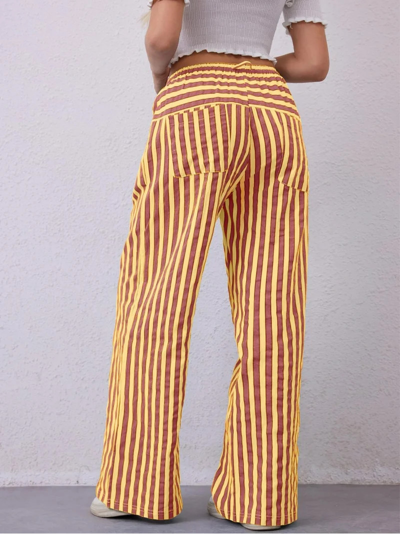 TEMOFON Womens Wide Leg Pants Drawstring Striped Trousers Casual Palazzo High Waist Pants Comfy O... | Walmart (US)