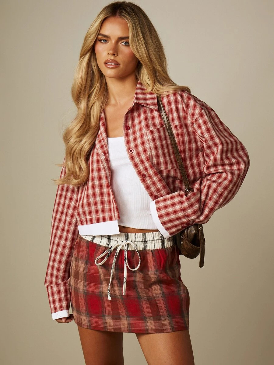 MISSGUIDED Cropped Oversized Plaid Flannel Shirt With Collared Neckline Long Sleeves And Contrast... | SHEIN