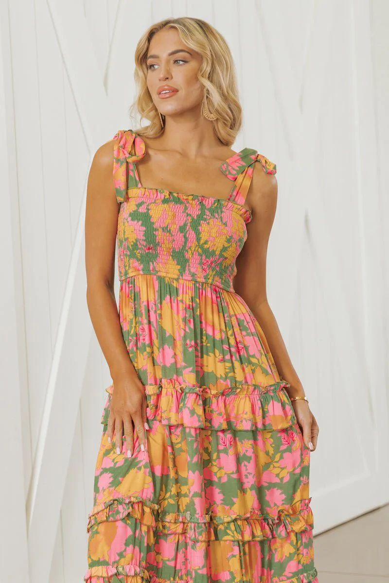 Sage Floral Print Smock Tiered Maxi Dress | Magnolia Boutique