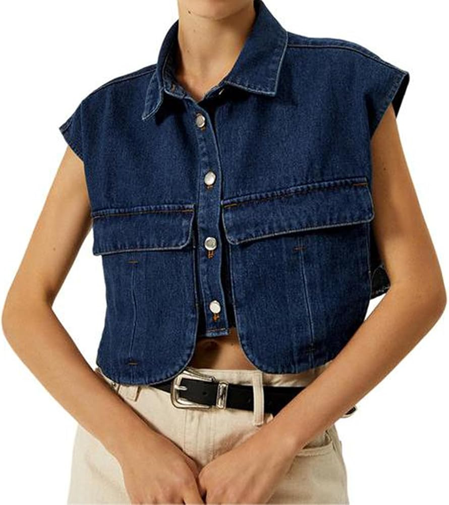 Women Denim Vest Sleeveless Button Down Jean Jacket Waistcoat Crop Top with Pockets | Amazon (US)