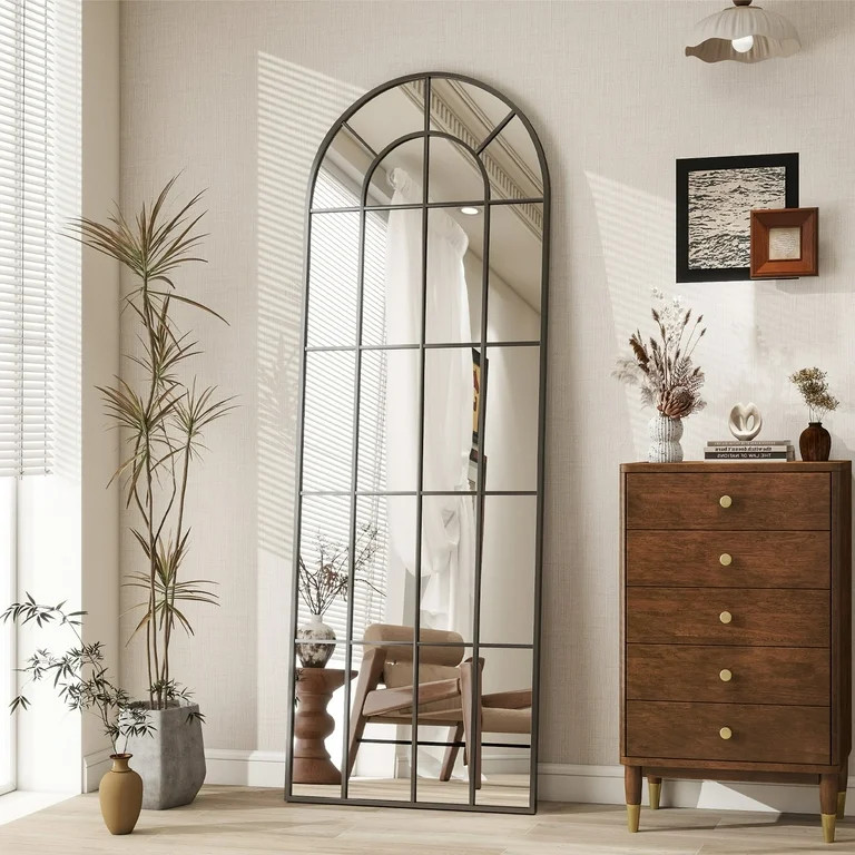 BEAUTYPEAK 65"x 23" Arched Full Length Windowpane Mirror Wall-Decor Mirror,Black | Walmart (US)