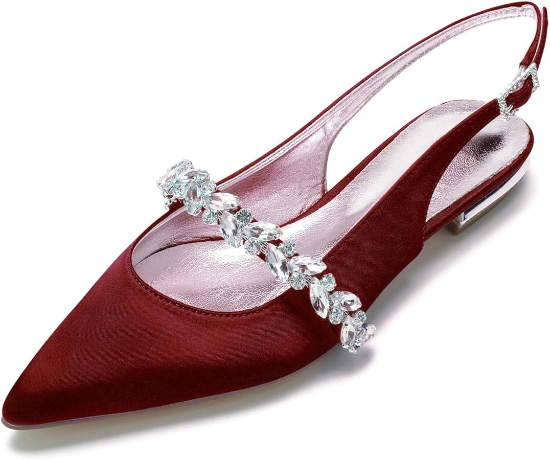 Hyinlays Women's Closed Toe Wedding Flats Slingback Pump Shoes for Bride Satin Crystal Pointed To... | Amazon (US)