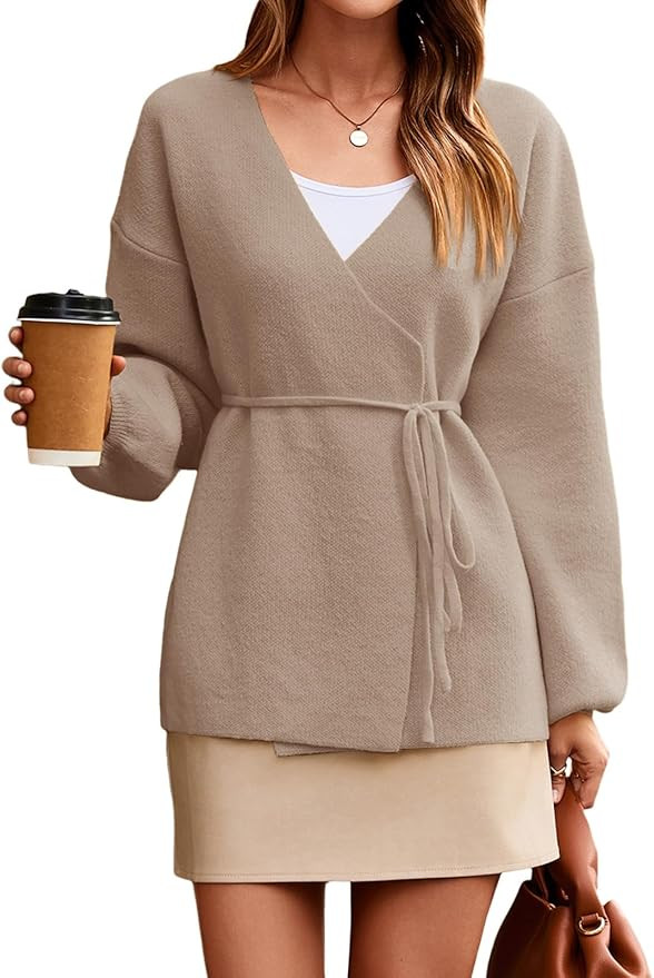 Saodimallsu Womens Wrap V Neck Cardigan Sweaters Tie Front Long Sleeve Soft Knit Dressy Work Fall... | Amazon (US)