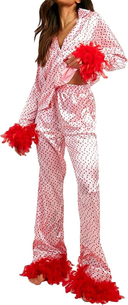 Aonoapll Women Heart Pajamas Satin 2 Piece Valentine's Day Lounge Set Feather Trim Long Sleeve Sh... | Amazon (US)