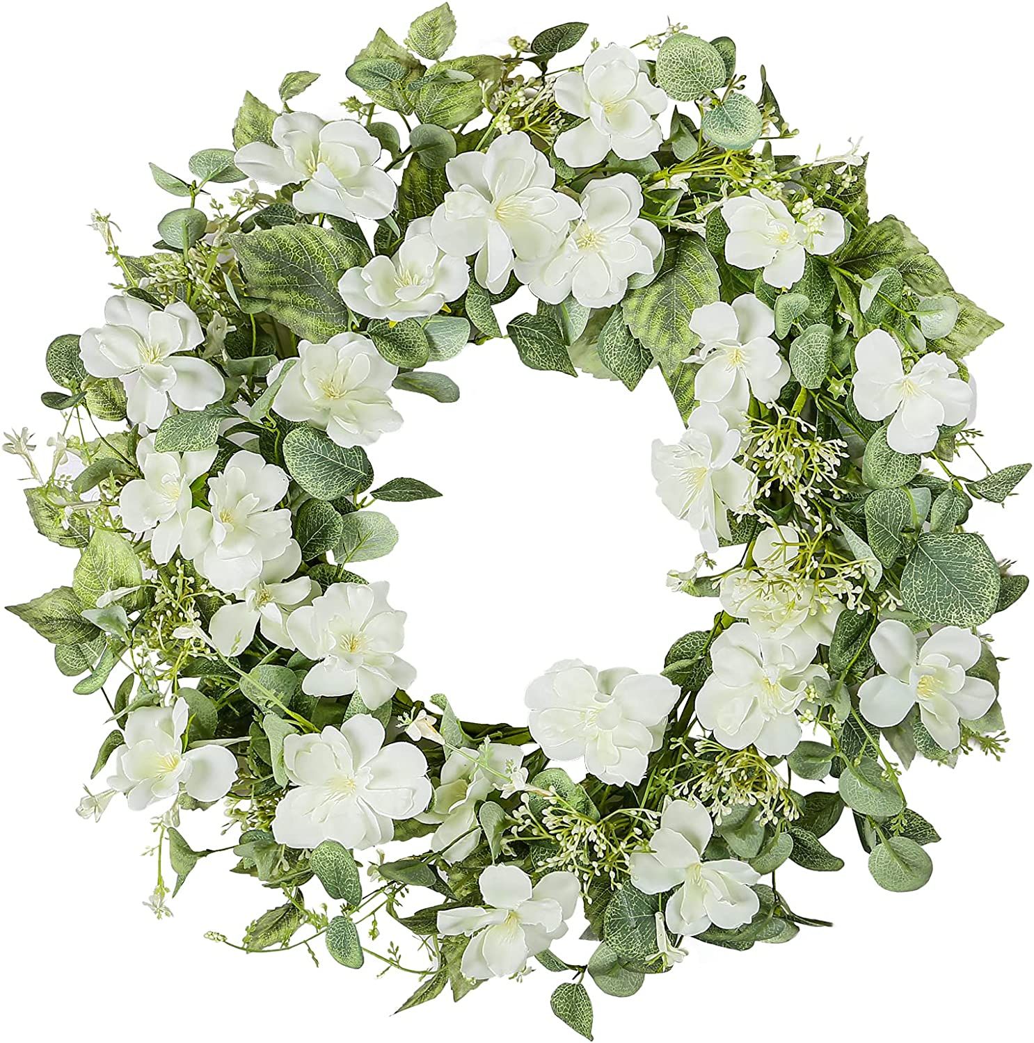 YNYLCHMX 20" Spring Wreath for Front Door with White Rose Flowers & Green Eucalyptus Leaves, Arti... | Amazon (US)