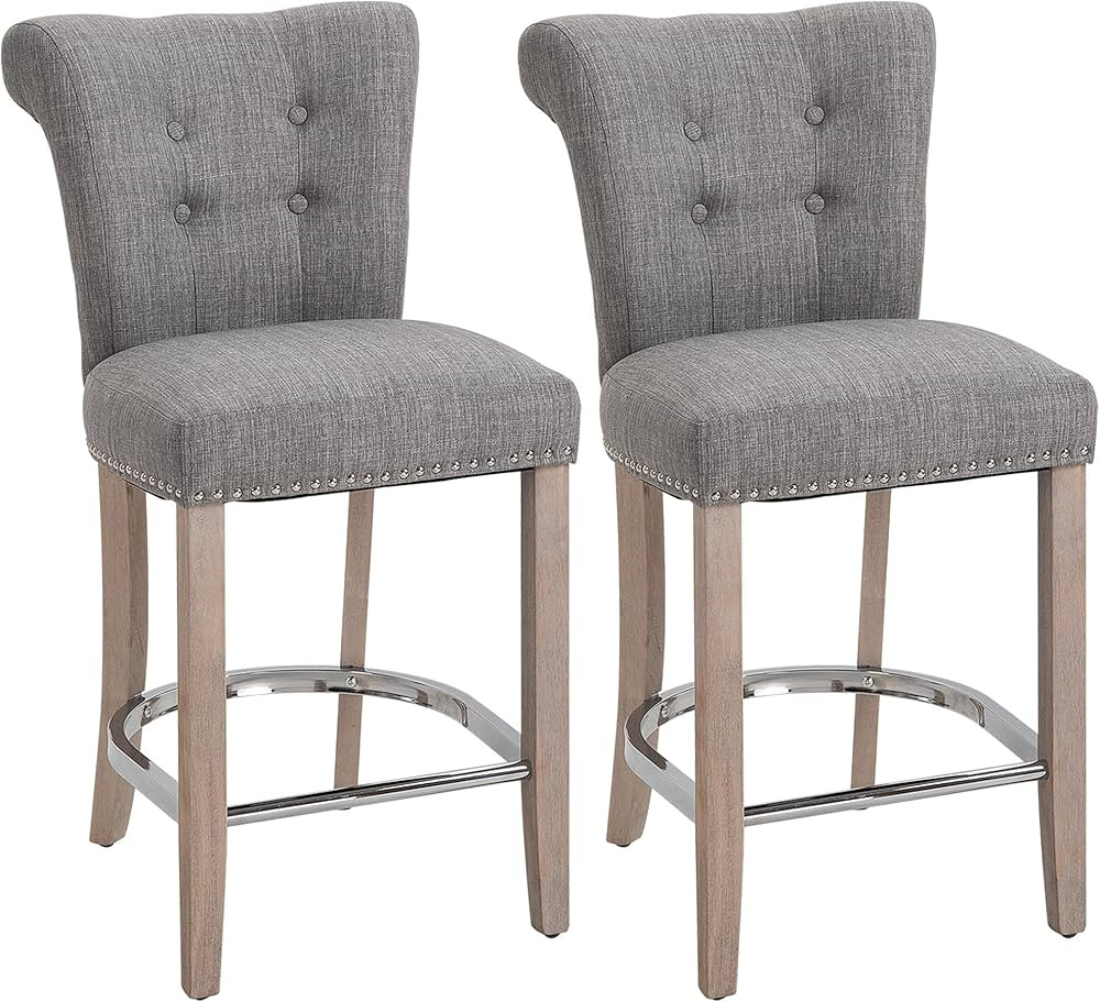 HOMCOM Counter Height Bar Stools Set of 2, Dining Chair with Stainless Steel Footrest, Solid Wood... | Amazon (CA)