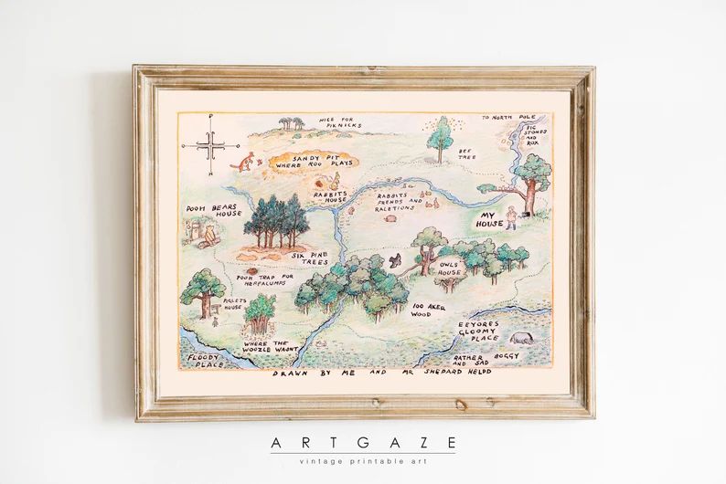 Winnie The Pooh 100 Acre Wood Printable Map | Vintage Illustration Kids Room & Woodland Nursery D... | Etsy (US)