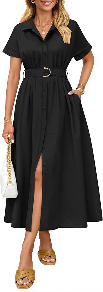 ZESICA Women's Summer Short Sleeve Midi Dress 2026 Button Down A Line Belt Work Business Casual L... | Amazon (US)