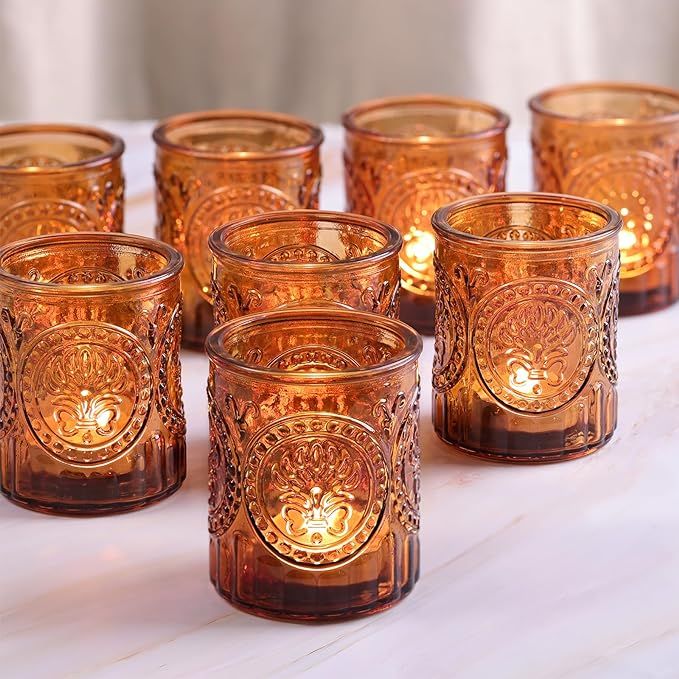 Simeitol 12PCS Vintage Amber Votive Candle Holders Bulk, Boho Glass Tea Lights Candle Holders for... | Amazon (US)