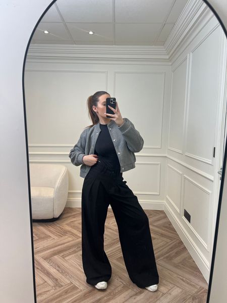 Sophie’s office OOTD 🩶
Grey bomber jacket, wide leg trousers, black tight Tshirt 

#LTKworkwear #LTKstyletip #LTKSeasonal