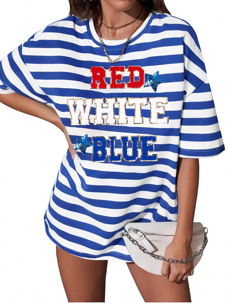 Patriotic Shirt Women Red White and Blue T-Shirt Oversized American Flag Tees Tops 4th of July US... | Amazon (US)