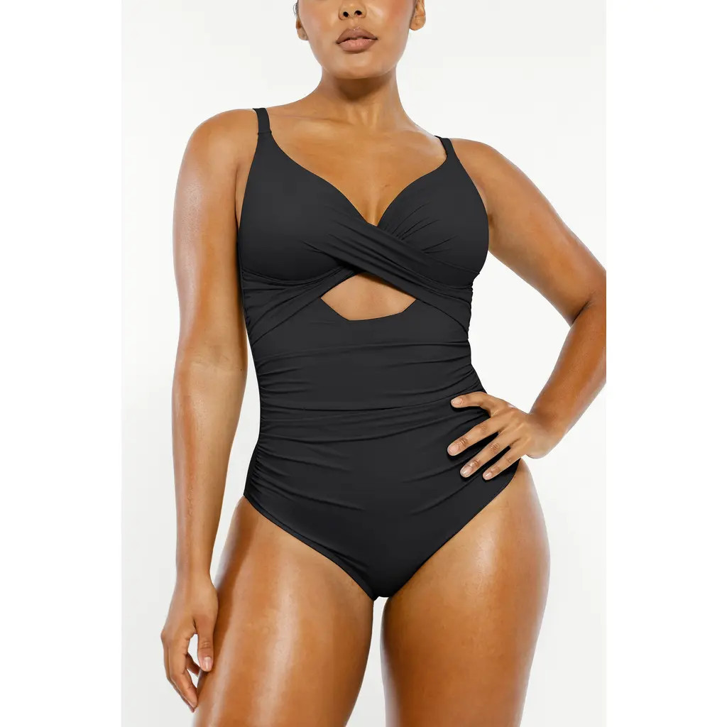 Shapellx Smart Sculpt Ribbed Cutout-Front Shaping Swimsuit in Jet Black at Nordstrom, Size X-Large | Nordstrom