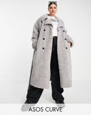 ASOS DESIGN Curve bonded shearling trench coat in gray | ASOS | ASOS (Global)