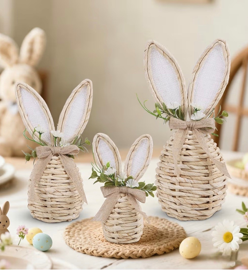 Complete 3-Piece Easter Set: Create instant spring charm with our handmade woven bunny collection. This versatile easter table decorations set features three graduated sizes suitable for creating stunning easter centerpieces for tables or charming easter mantel decor. (Large Bunny: 11" H × 6" L × 4.7" W, Medium Bunny: 9" H × 5.5" L × 4" W, Small Bunny: 7" H × 4.3" L × 2.8" W)

#LTKSeasonal #LTKHome