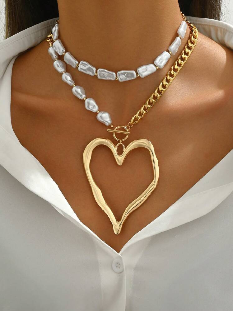 2pcs Vintage Exaggerated Metal Heart & Asymmetrical Faux Pearl Necklace Set, Women Fashion Jewelry Gift For Mother's Day | SHEIN