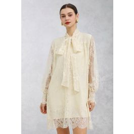 Self-Tie Bowknot Floral Lace Buttoned Dolly Dress in Cream | Chicwish