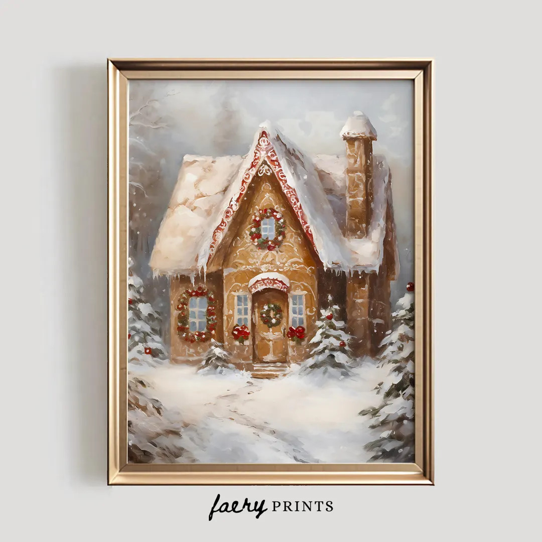 Gingerbread House Art Print Christmas PRINTABLE Wall Art Gingerbread Print Holiday Painting Seaso... | Etsy (US)