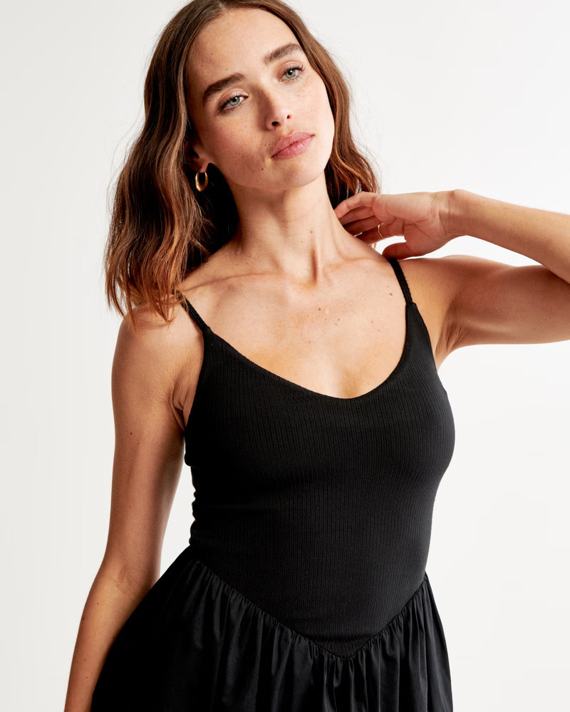 Mixed Fabric Drop-Waist Midi Dress | Abercrombie & Fitch (US)